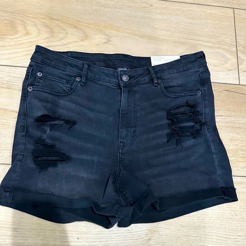 American Eagle High Rise Shortie Black Distressed Shorts